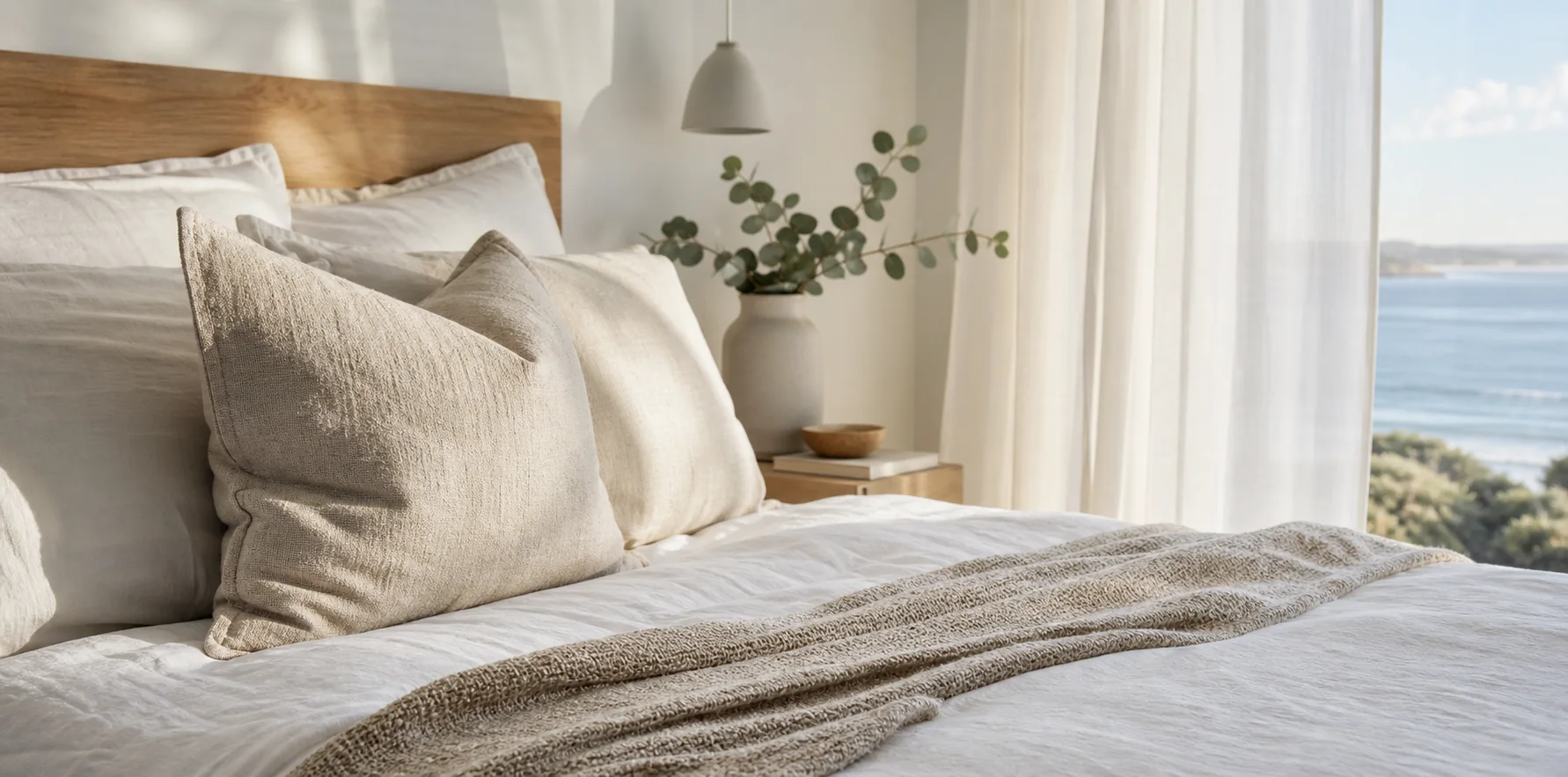 A premium guest bed with natural linen in a coastal apartment